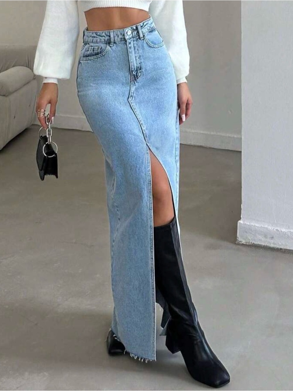 Light Blue High-Waist Split Denim Maxi Skirt